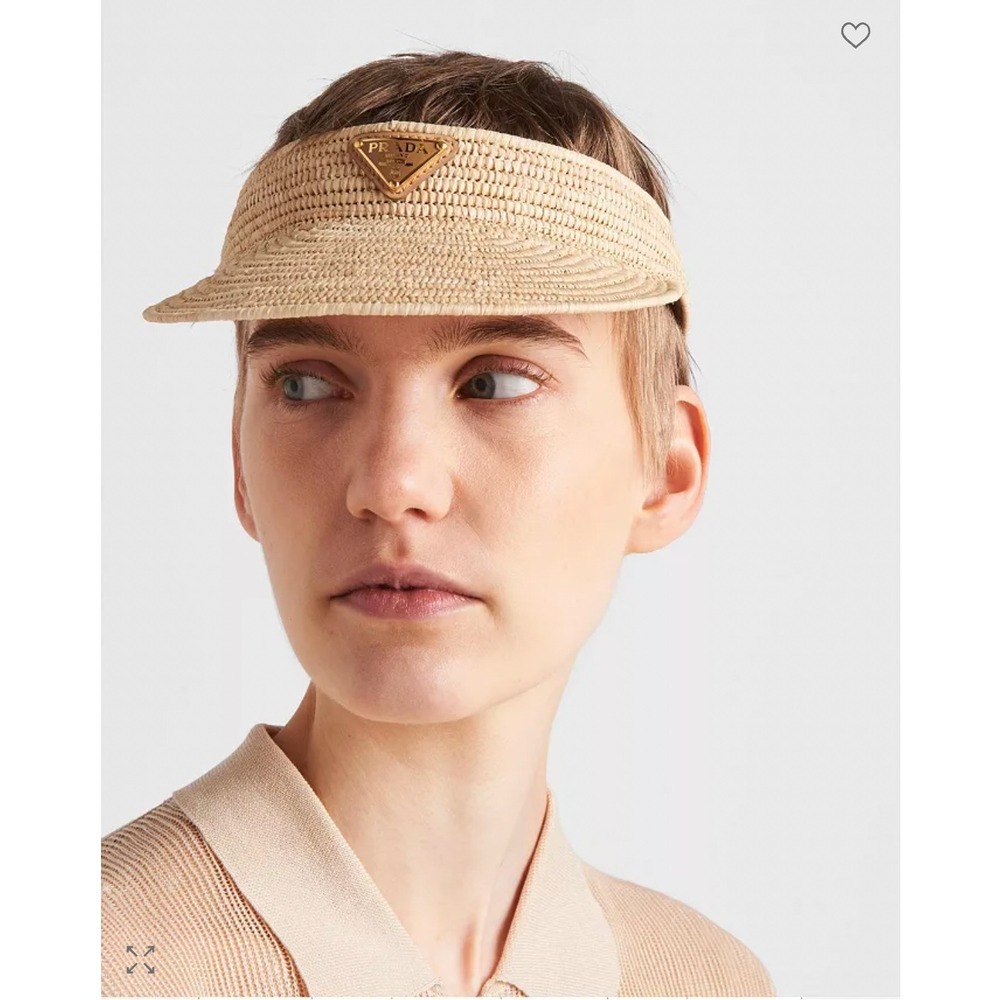 Prada Natural Straw Visor with Gold Triangle Logo